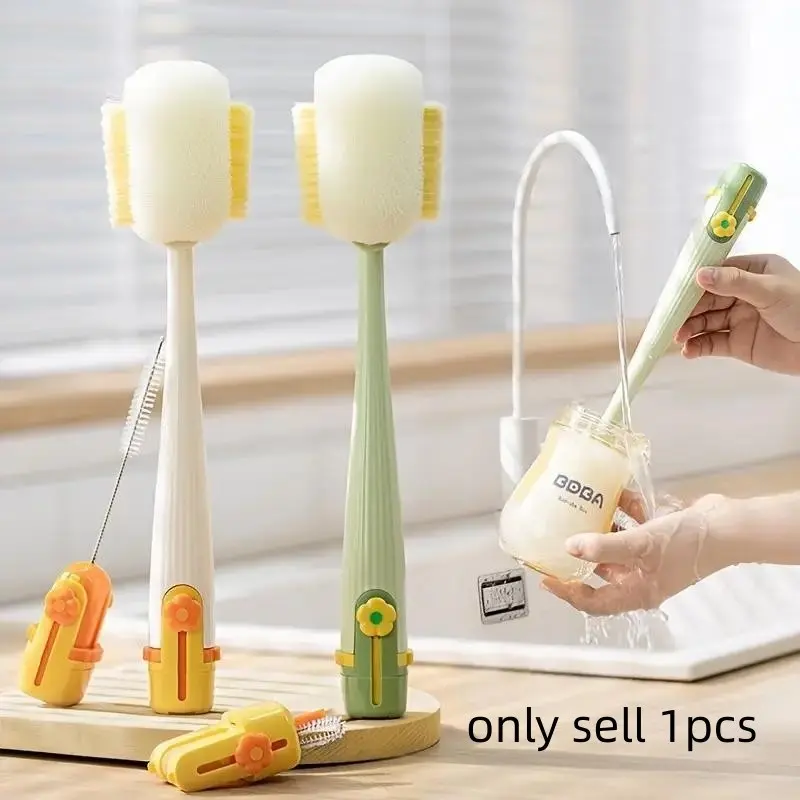 5-In-1 Long Handle Cup Brush Set, Multi-Functional Cleaning Tool, Bottle Cleaner, Safe Sponge & Hard Bristle Head, Detachable Deep Dishwasher Scrubber, Cleaner