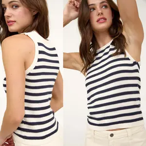 Georgia Stripe Sweater Cropped Tank Top | Women's Sleeveless Trendy Navy Striped Shirt | Summer and Spring Fashion