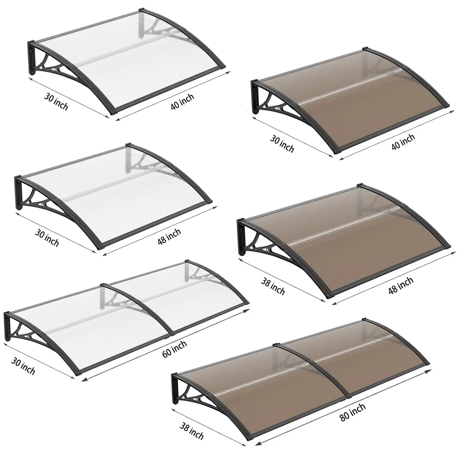 30/ 40/ 48/ 60/ 80" Window Awning Door Canopy Overhang Awnings for Doorways Polycarbonate Cover Patio Door Awning UV Rain Snow Sunlight Protection Hollow Sheet