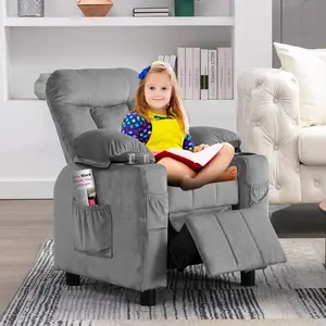Kids Recliner, Toddlers Recliner Chair with Cup Holder, Ergonomic Adjustable Velvet Lounge Chair with Footrest & Side Pockets, Baby Sofa for Boys & Girls Bedroom (Gray)