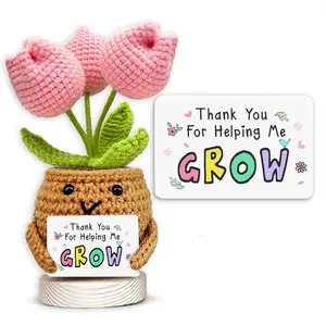 Handmade Crochet Tulip Thank You Gifts - "Thank You For Helping Me Grow" Knitted Flower in Pot, Teacher Appreciation Gift, Mother's Day Birthday Gift for Mentor Coach Mom, Cute Desk Decor Office Art