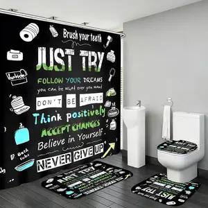 AZHM Black Inspirational Quotes and Positive Phrases Pattern Shower Curtain Set for Bathroom 4 Pcs Whimsical Design Bathroom Accessory Decor Sets with Shower Curtain and Rugs