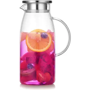 60 Ounces Glass Iced  Pitcher with Stainless Steel Strainer Lid, Hot/Cold Water Jug, Juice Beverage Carafe