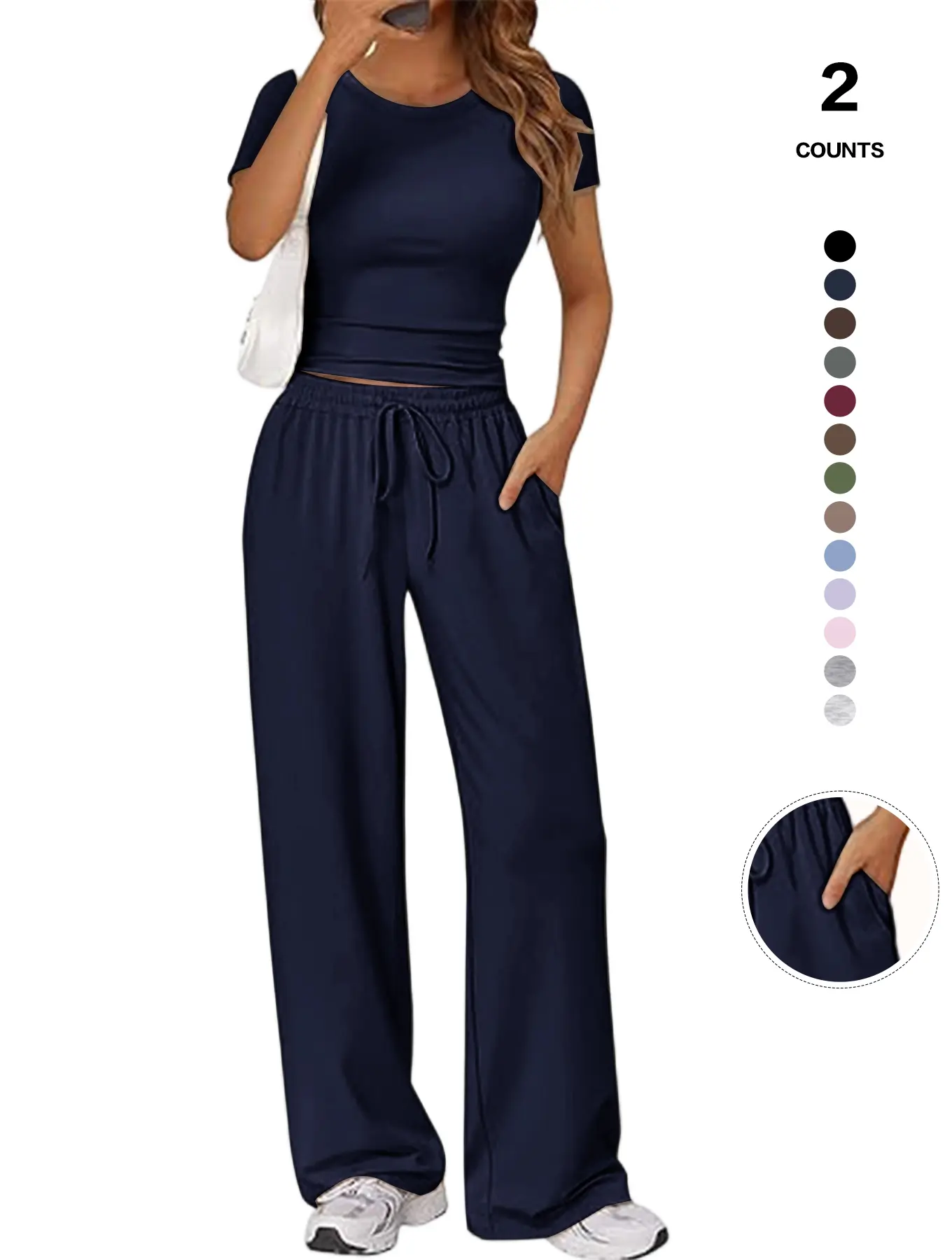 Women's Spring Summer Casual Set, Round Neck Short Sleeve Top & Wide Leg Pants, Slim Fit Home Wear, 2 Piece Comfortable Women's Spring Summer Casual Set, Round Neck Short Sleeve Top & Wide Leg Pants, Slim Fit Home Wear, 2 Piece Comfortable