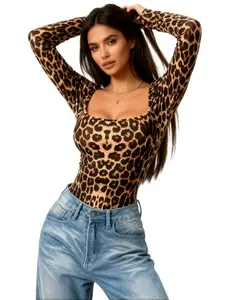 A women's sexy, elegant, wild and fashionable leopard square collar long-sleeved jumpsuit, suitable for autumn and winter, suitable for retro modern style, street fashion style and other styles, Fashionable Bodysuits