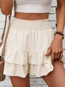 Women's Frill Trim Ruffle Hem Shirred High Waist Shorts, Boho Casual Tiered Layer Shorts for Spring & Summer, Ladies Bottoms for Daily Wear, Womenswear, Fit