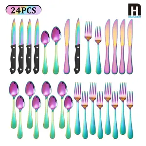 24PCS Modern Flatware Set, Stainless Steel Silverware Set with Steak Knife For 4, Rainbow/Goden/Rose Gold Cutlery Set, Mirror Polished, Ideal for Home, Kitchen, Celebrations Tableware Dinnerware