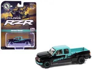 2006 Chevrolet Silverado Pickup Truck "Polaris RZR" Black and Blue 1/64 Diecast Model Car by Auto World