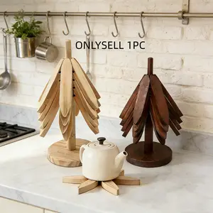 Natural Wooden Bamboo Coaster For Hot Food, Foldable and Detachable with Stand, Insulated Table Mat for Pots, Skillets, Bowls, Teapots