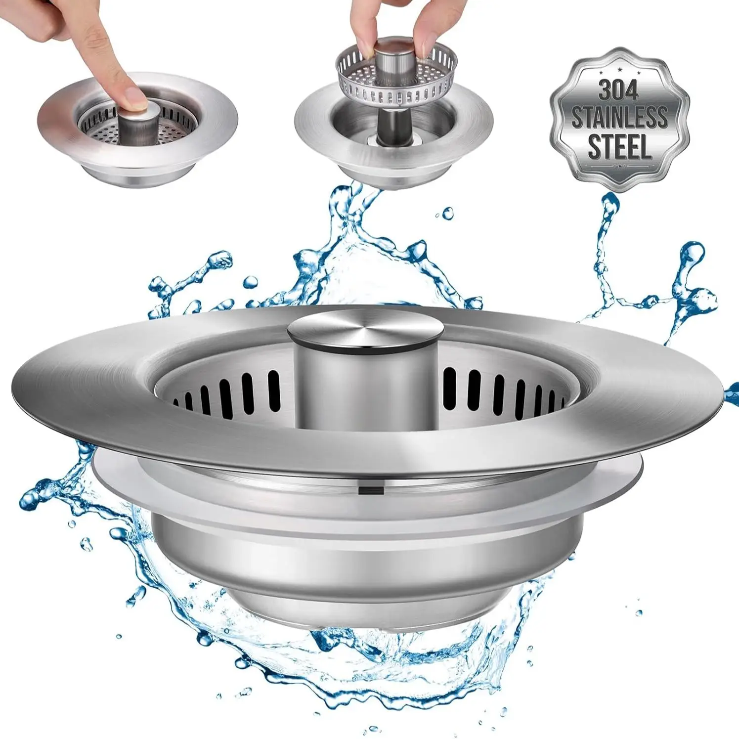 3 in 1 Kitchen Sink Drain Strainer, Stainless Steel Sink Stopper, Anti-clogging Sink Food Catcher Basket, Fast Drainage Odor Filter Sink Plug for US S