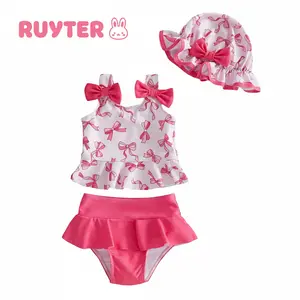 New Trending Girls Sleeveless Bow Print Tankini Set with Sun Hat & Swim Shorts | Cool Tone Vacation Bathing Suit 3 Pcs Set Summer