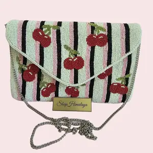 Beaded Cherry Clutch Bag , Pink & Black Stripe Hand-Beaded Purse with Chain , Whimsical Summer Statement Bag, Lightweight Cotton Glass Beads