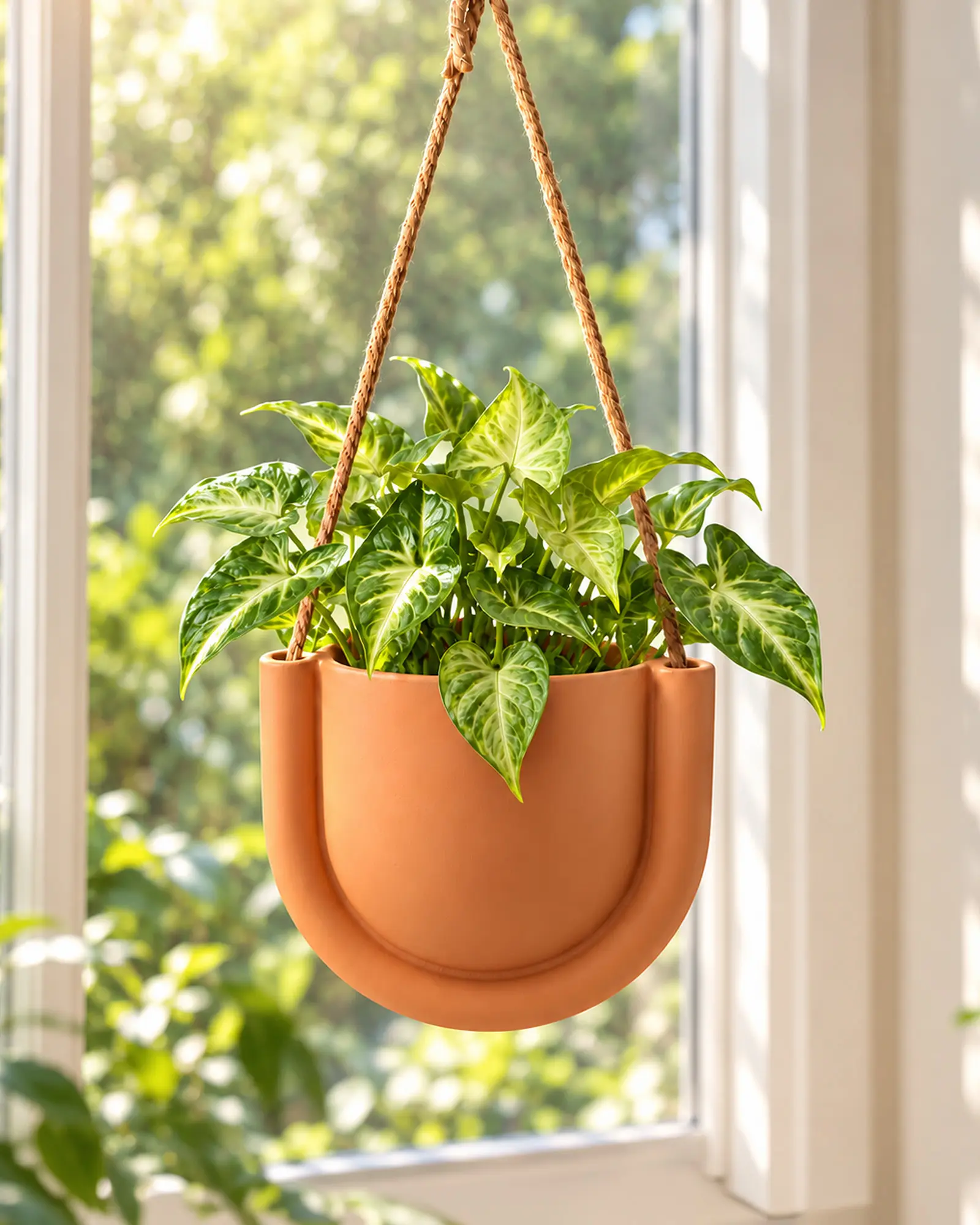 Bamworld Terracotta Hanging Planter 5" — U-Shaped Clay Hanging Plant Pot with Adjustable Jute Rope & S Hook, Breathable Indoor Hanging Planter for Boho Home Decor