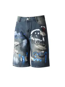 Men's American High Street Trendy Fashion Shorts, Unique Paint Print Loose Straight Leg Ripped Denim Shorts, Casual Summer Wear