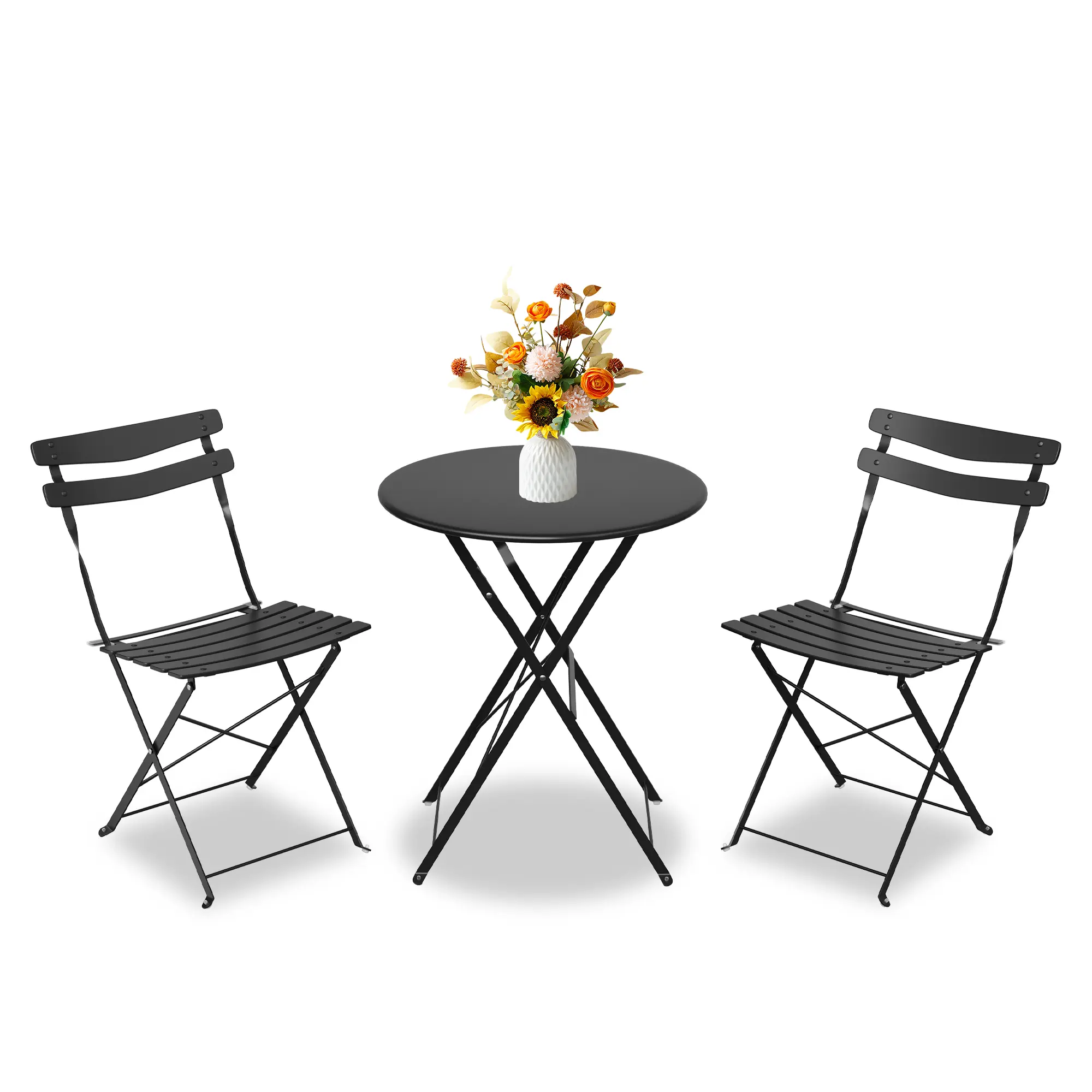 GARVEE Space-Saving Collapsible Patio Bistro Set – 3-Piece Metal Frame Outdoor Table & 2 Folding Chairs, 60cm Diameter, Durable & Weather-Resistant, Black/Green, No Assembly, Compact Garden Furniture
