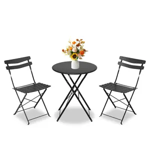 GARVEE Space-Saving Collapsible Patio Bistro Set – 3-Piece Metal Frame Outdoor Table & 2 Folding Chairs, 60cm Diameter, Durable & Weather-Resistant, Black/Green, No Assembly, Compact Garden Furniture