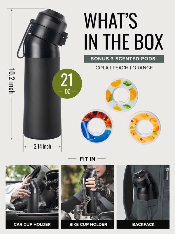 New Stainless steel Air Water Bottle,21Oz Water Bottle with Air Water Flavor Pods,Leak Proof Sports Water Cup with Straw,Fruit Smell Water Bottle for Outdoor Sports (Black + 3Pods)