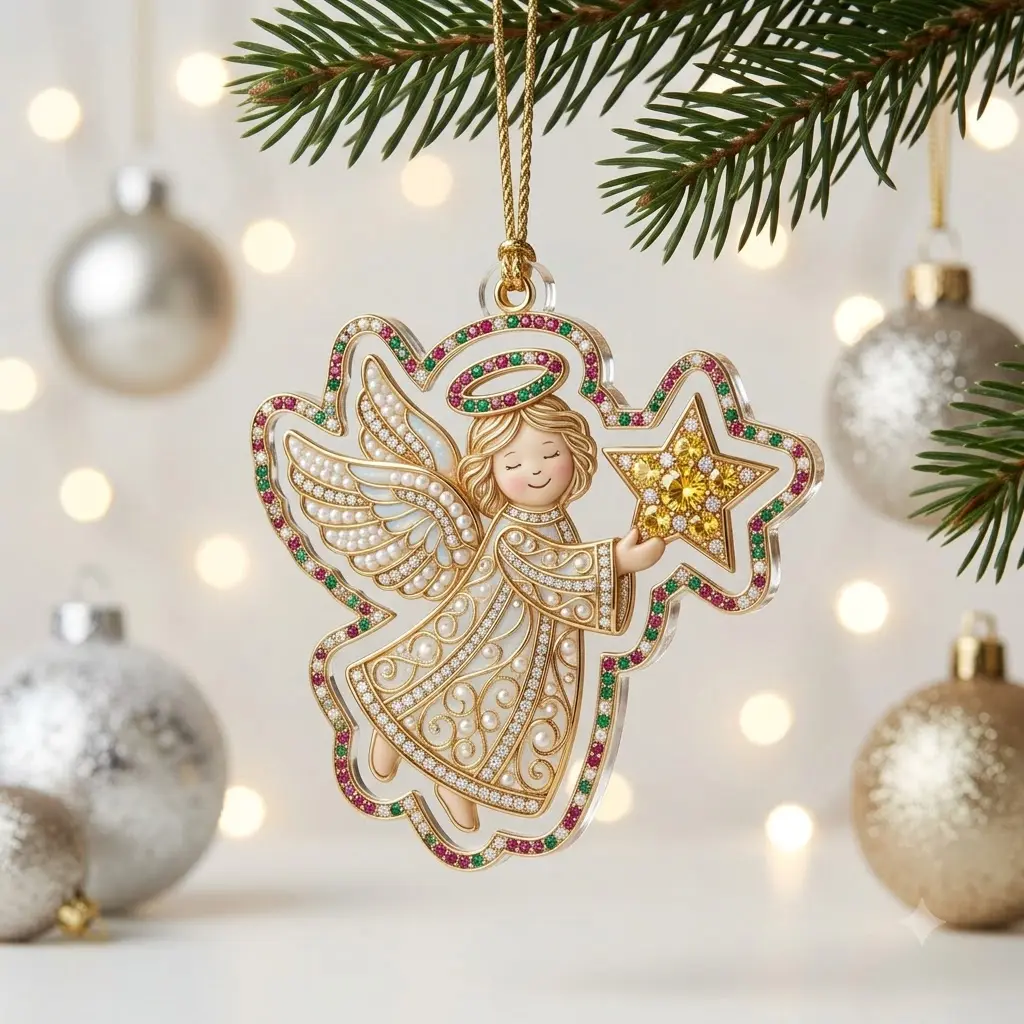 Crystal Angel Christmas Hanging Ornament, Flat Acrylic Angel with Star Decor, Religious Holiday Keepsake Gift