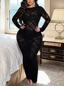 Women's Sexy Black Sexy Hollow Out See Though Bodycon One Piece Long dress Womenswear