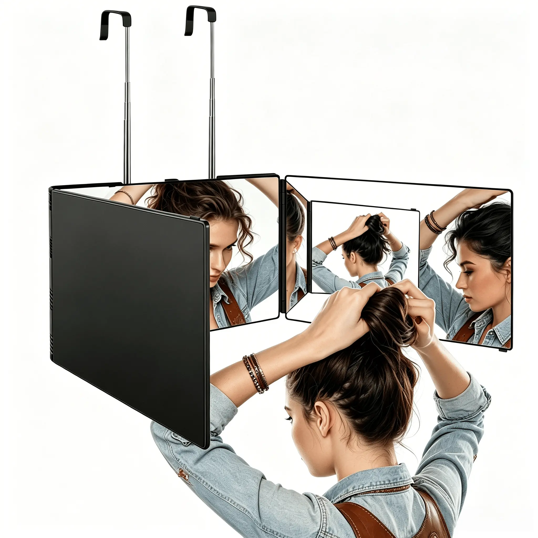 3-Way Triple Fold Three-sided Mirror for Self Hair Cutting, 360° View Angle Barber Mirror to See Back Of Head, Adjustable Height Telescopic Hooks, HD Anti-Fog Clear Glass, USB Rechargeable Plastic Frame for Shaving Makeup Beauty Personal Caret