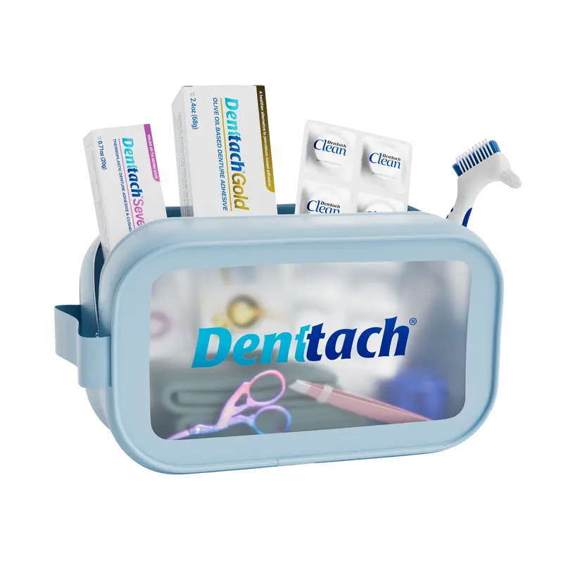 Denttach Starter Kit includes Denttach Seven Denttach Gold Denttach Clean Denture Brush Scissors Denture Case and more incredible value Oral Daily