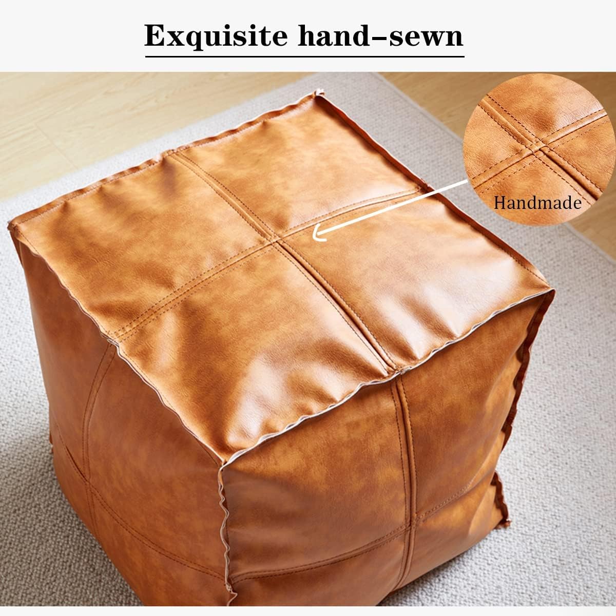 Soft Leather Pouf Ottoman Foot Rest, Unstuffed Floor Cushion with Storage, Handcrafted Foot Stool for Living Room Bedroom, Indoor Outdoor Use, 17 Inch