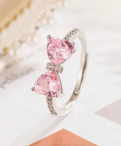 1PC White Bow Knot Ring with Pink Heart Zirconia – Adjustable Open Finger Midi Ring for Women, Cute Romantic Fashion Jewelry Gift