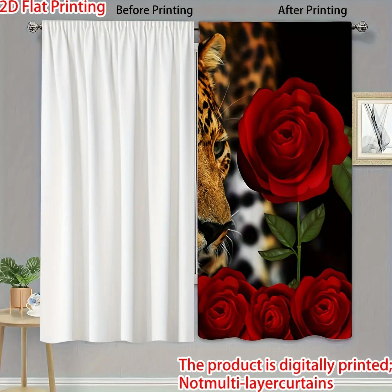 2-Piece Polyester Rose Cheetah Print Drapes - 2D Flat Printing, Rod Pocket Light Filter Window Treatments for Bedroom, Living Room (Fits Curtain Rods)