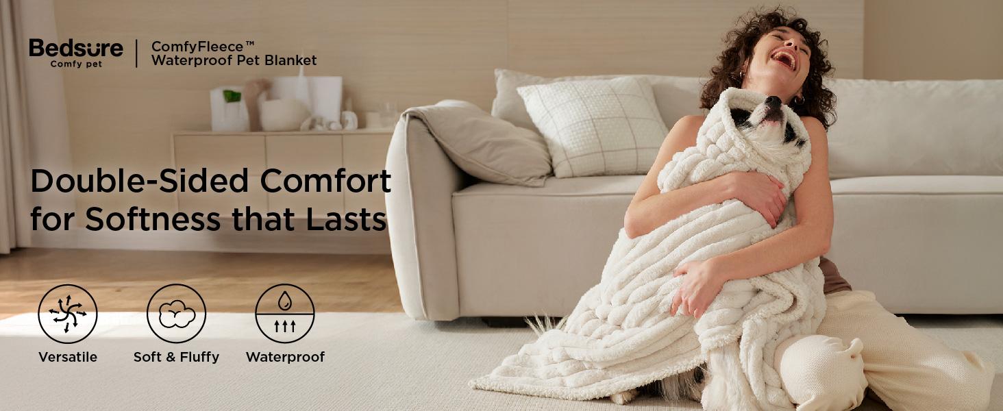 Bedsure ComfyFleece Waterproof Comfy Dog Blankets for Large Dogs - Soft Pet Cat Blanket Corduroy Fleece for Couch Bed Protector Washable, Cozy Calming Reversible Furniture Protection for Puppy