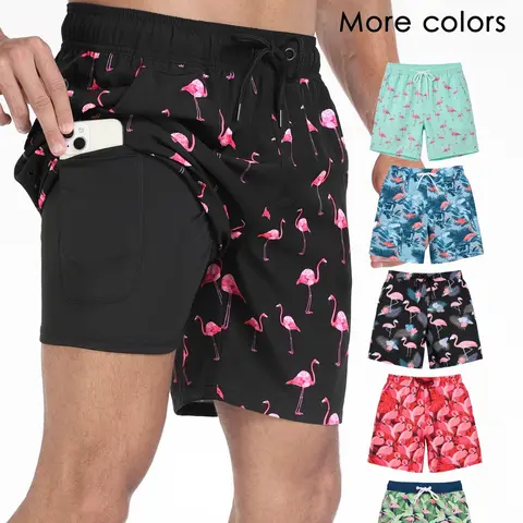 Men's Beach Shorts 2-In-1 Summer Drawstring Swim Shorts Swimwear Shorts Swim Trunks with Compression Lining, Swim Trunks With Compression Liner, Quick-Dry Sporty Shorts for Gym, Pool, Holiday, Casual Wear