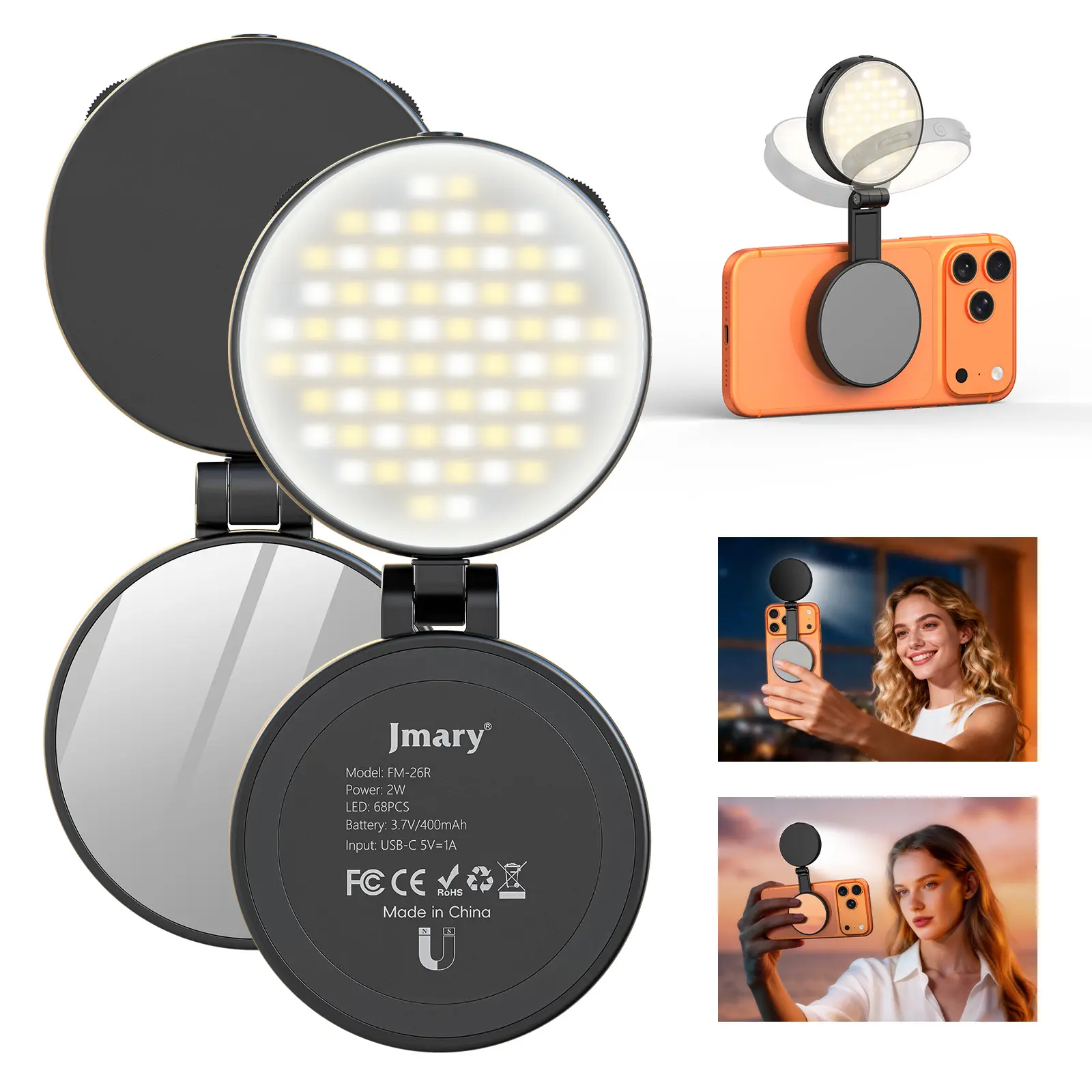 Aopatu Magnetic Phone Holder Selfie Light - 360° Rotatable, 3 Color Temperatures LED, Mirror, Multi-Purpose Phone Stand, Portable Rechargeable with Batteries, for Photography, Makeup, Live Streaming