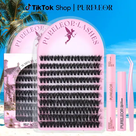 PURELEOR Clustered False Eyelashes Bundle - Volumized Fake Eyelashes, Asian Doll Lash Clusters, 0.07mm D-Curl Curl Options, 10-16mm Mixed Lengthening Extensions, Polyester Base DIY Makeup Lashes for Beginners, Date Nights