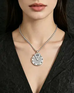 Fully Paved CDiamond Round Watch Dial Necklace, Roman Numeral Clock Hip Hop Pendant with Stainless Steel Box Chain