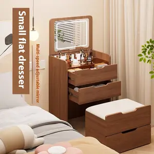3 in 1 Vanity Desk with Stool and Plip Top Mirror,Small Make Up Vanity Set with Visible Glass Desktop,Compact Makeup Vanity with 3 Drawers,Dressing Table for Bedroom, 18.9"(Walnut),Mother's day