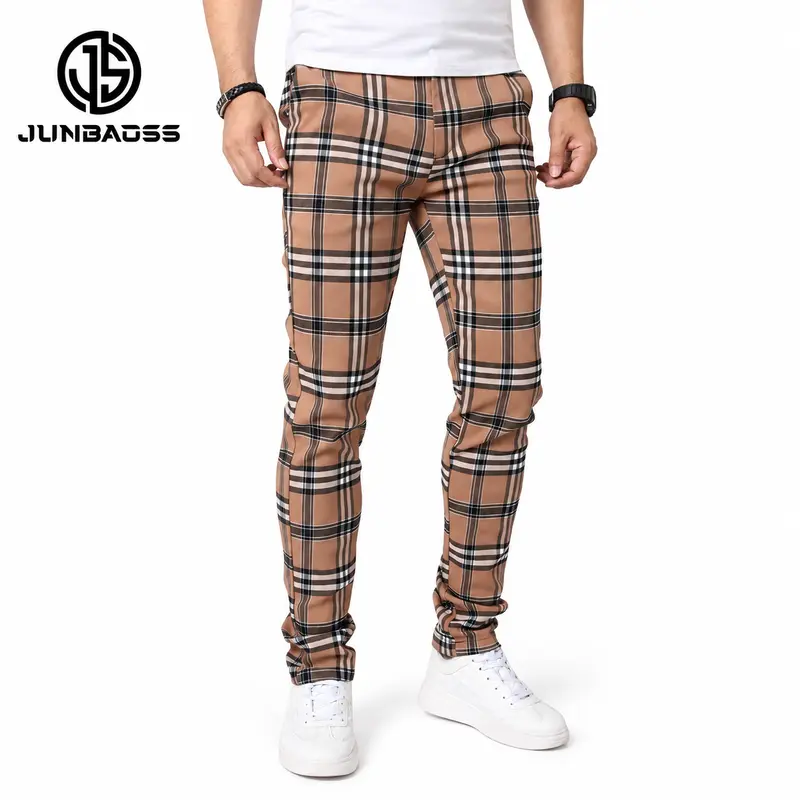 JUNBAOSS Herren Hosen Slim Fit Dehnbar Anzughose Karo Hose für Männer, Gerade Bein Mode Komfort Elastik Taille Hosen, Herren Casual Geschäft Golf Kleid Chino Hosen