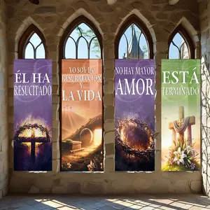 4 Pcs Religious Banners, Polyester Material Christian Resurrection Banner Spanish Scripture Crown of Thorns Cross Empty Tomb Pattern Easter Church Home Indoor Wall Hanging Decorative Vertical Flag