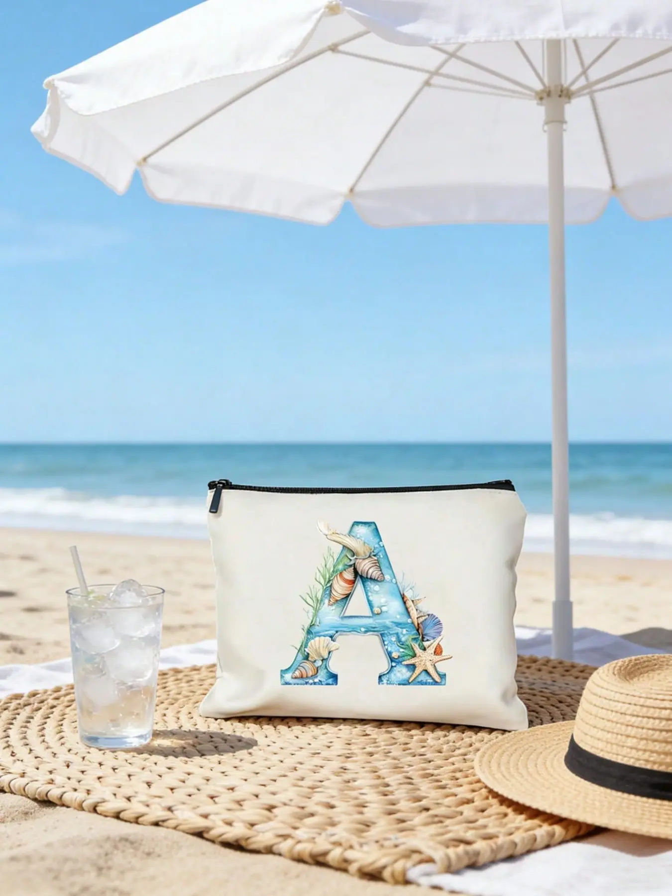 One A–Z initial ladies' makeup bag, personalized letter cosmetic pouch, shell floral print, large-capacity zipper travel toiletry bag, portable skincare and beauty storage bag, suitable for beach, vacation, and gym