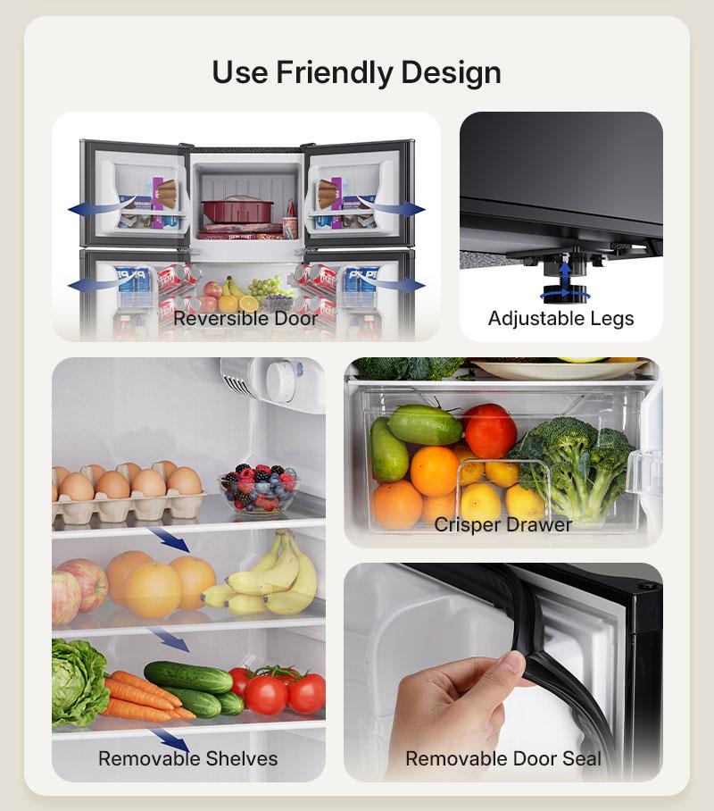 Upstreman 4.0 Cu.Ft Double Door Portable Refrigerator with Freezer, Stainless Steel, Large Capacity, Adjustable Thermostat, Energy Efficient, Quiet Operation