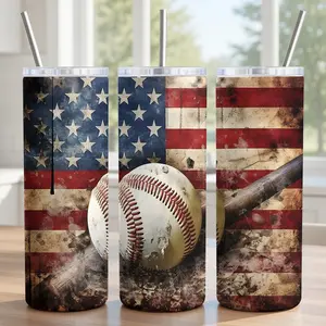 Vintage American Flag Baseball Tumbler 20oz - 18/8 Food-Grade Stainless Steel Insulated Cup with Lid, Metal Straw & Brush - Patriotic Gameday Gift for Coach, Dad, Baseball Fans - Rugged Distressed Style - Ships in 2 Days