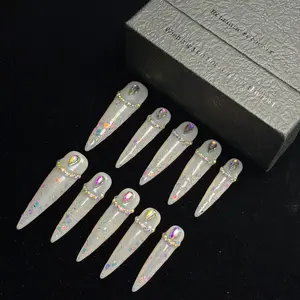 Handmade Craftsmanship Press-On Nails Long Crystal Rhinestone Decoration, Luxurious 3D Nail Art Gel Carved Flower Design, Perfect for Weddings & Parties