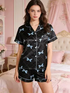 Women's Flamingo Print Top & Elastic Waist Shorts Pyjama, Casual Comfy Short Sleeve Top & Shorts Pj Set, Ladies Sleepwear for Daily