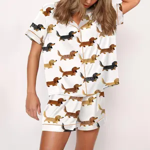 Longhaired Dachshund Print Satin Pajama Set For Women Print Comfy Satin Sleepwear & Loungewear Pjs Printing Silky Top & Bottoms - SHESHOW