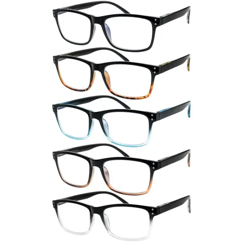 5-Piece Set Of Stylish Blue Light-Blocking Reading Glasses, Suitable For Men And Women, With Rectangular Frames And Spring Hinges, Ideal For Everyday Wear