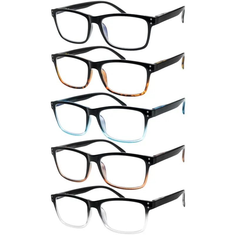 5-Piece Set Of Stylish Blue Light-Blocking Reading Glasses, Suitable For Men And Women, With Rectangular Frames And Spring Hinges, Ideal For Everyday Wear