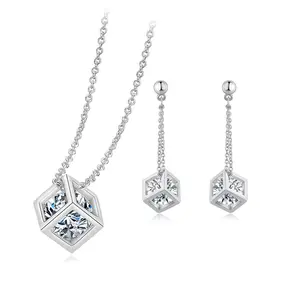 Top Quality ZYS059 Cube Silver Color Jewelry Necklace Earring Set Rhinestone Made with Austrian Crystal Health