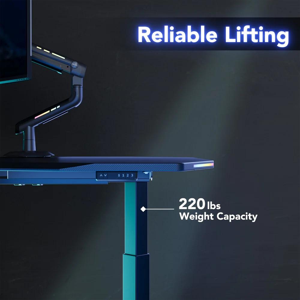 RGB Electric Height Adjustable Standing Gaming Desk, 63"×31.5" Large Ergonomic Curved Desktop, Dual-Motor Lift 27"–46" (≤50 dB), Sturdy 220 kg Steel Frame, for Home Office & Gaming (Ships in 2 Packages) RGB Electric Height Adjustable Standing Gaming Desk, 63"×31.5" Large Ergonomic Curved Desktop, Dual-Motor Lift 27"–46" (≤50 dB), Sturdy 220 kg Steel Frame, for Home Office & Gaming (Ships in 2 Packages)