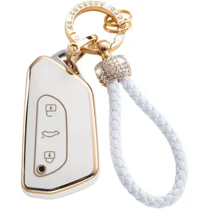 For VW Volkswagen Key Fob Cover with Keychain Lanyard, Soft TPU Key Fob Protector Shell Compatible with Golf 8 ID4 Seat Leon MK 4 Skoda Octavia Smart Key Case
