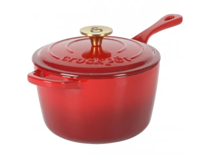 Crock Pot 137367.02 3 qt. Artisan Enameled Cast Iron Sauce Pan with Lid - Red & Gold, Ideal for Everyday Cook