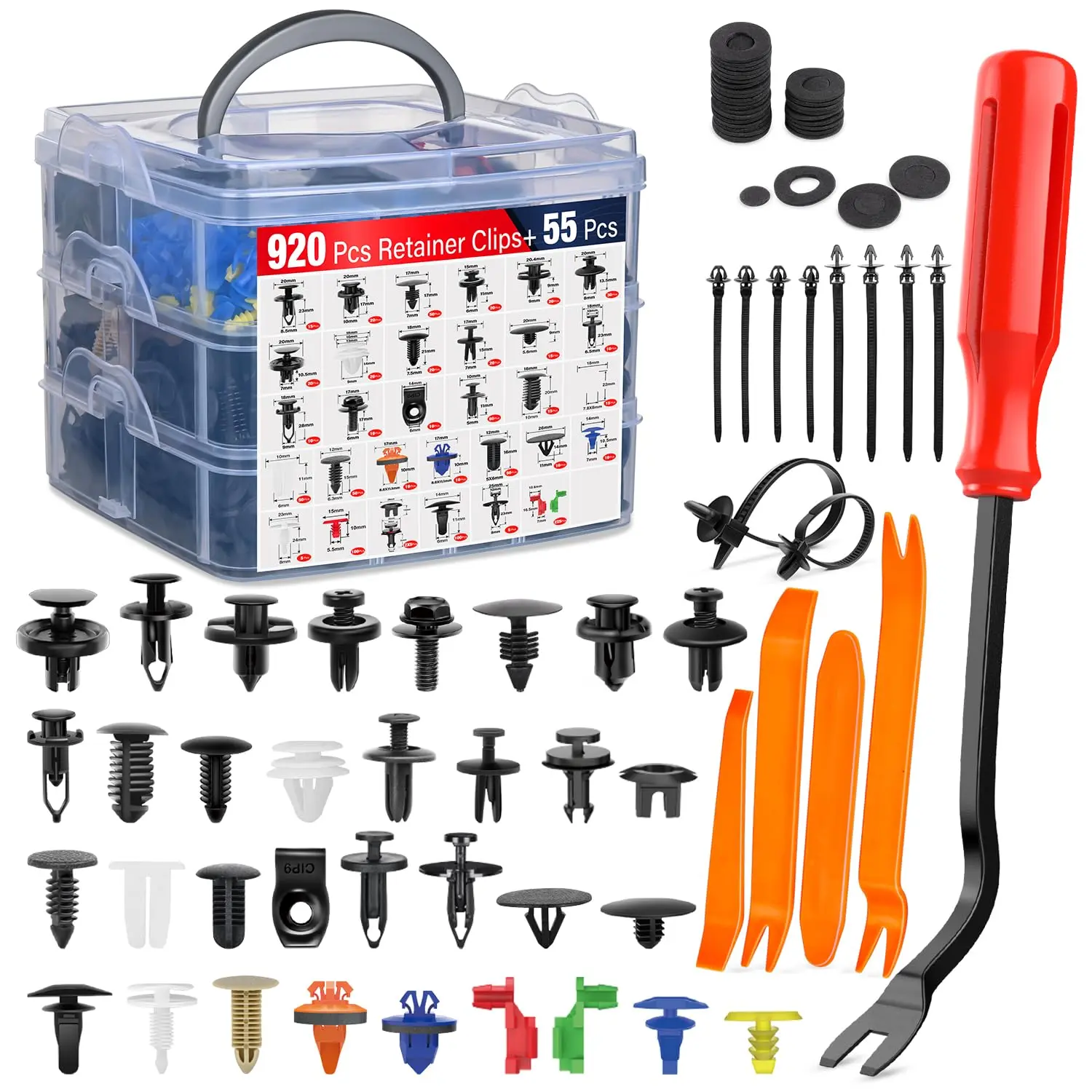 920Pcs Car Retainer Clips & Fasteners Kit – 33 Universal Sizes Nylon Bumper, Fender Rivets, Door Panel Clips, and Plastic Rivets with 10 Cable Ties and Removal Tool for Toyota, Ford,  removal braketoolkit removal， fastenertools split rear pitman  arm  too