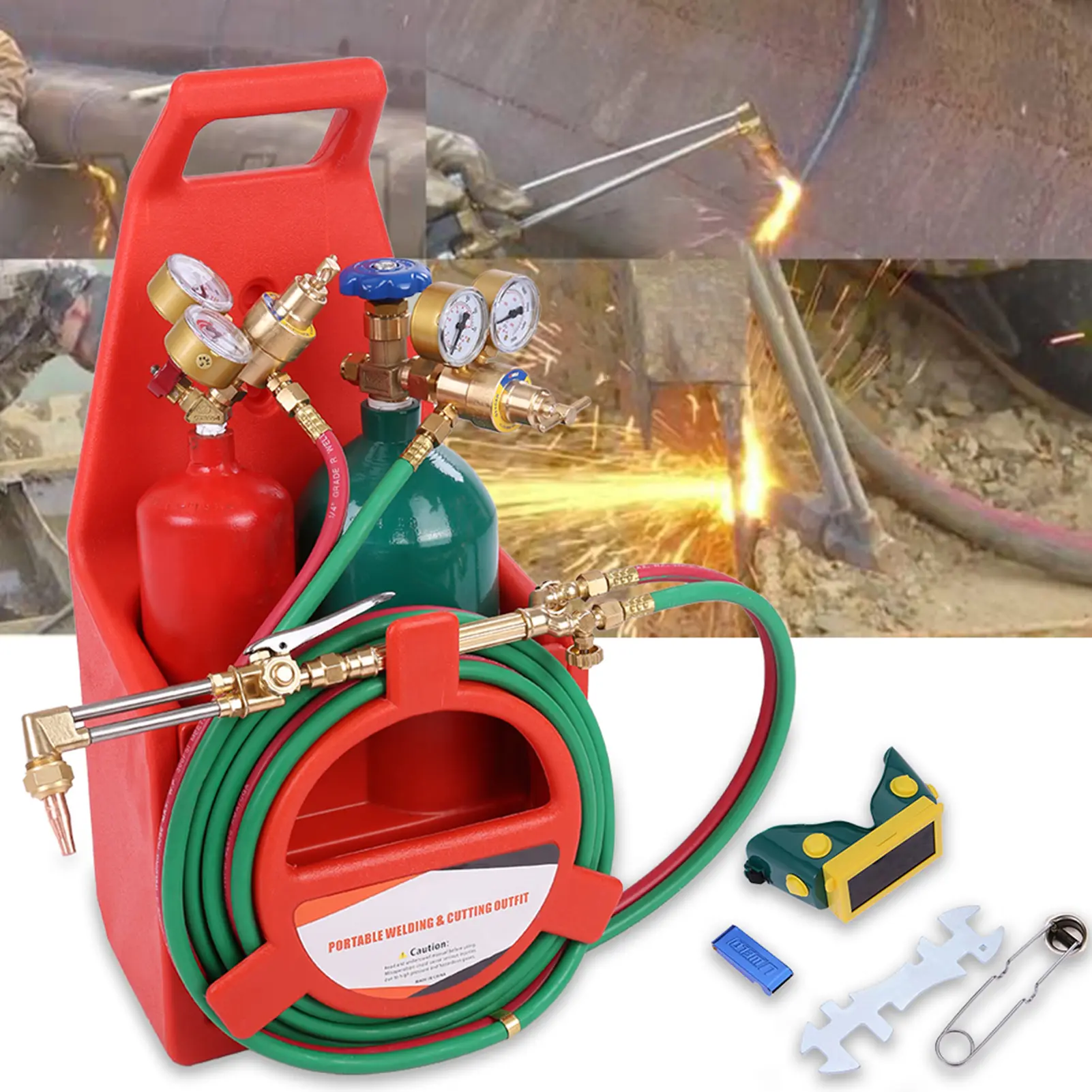 Industrial Heavy-Duty Long Pipe Brass Nozzle Welding Torch Kit with Handle, Gauge - Oxygen-Acetylene Tool for Garden Cleaning, Hardware Repair Soldering